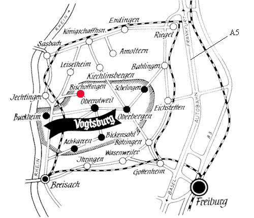 Roter Punkt = Bischoffingen am Kaiserstuhl